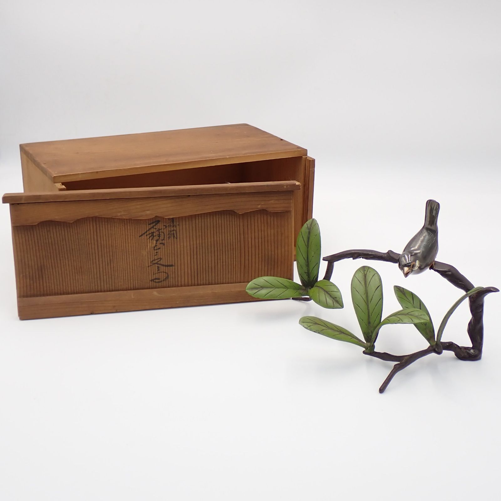鋳銅 草木上鳥置物 古美術 時代品 共箱 14292