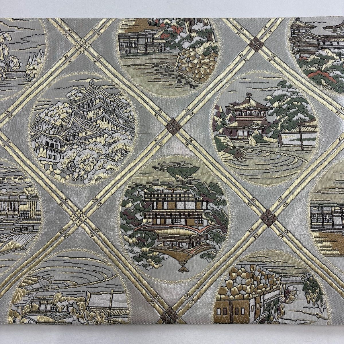 袋帯 美品 秀品 建物 雲文 金糸 箔 灰色 六通 正絹 【中古