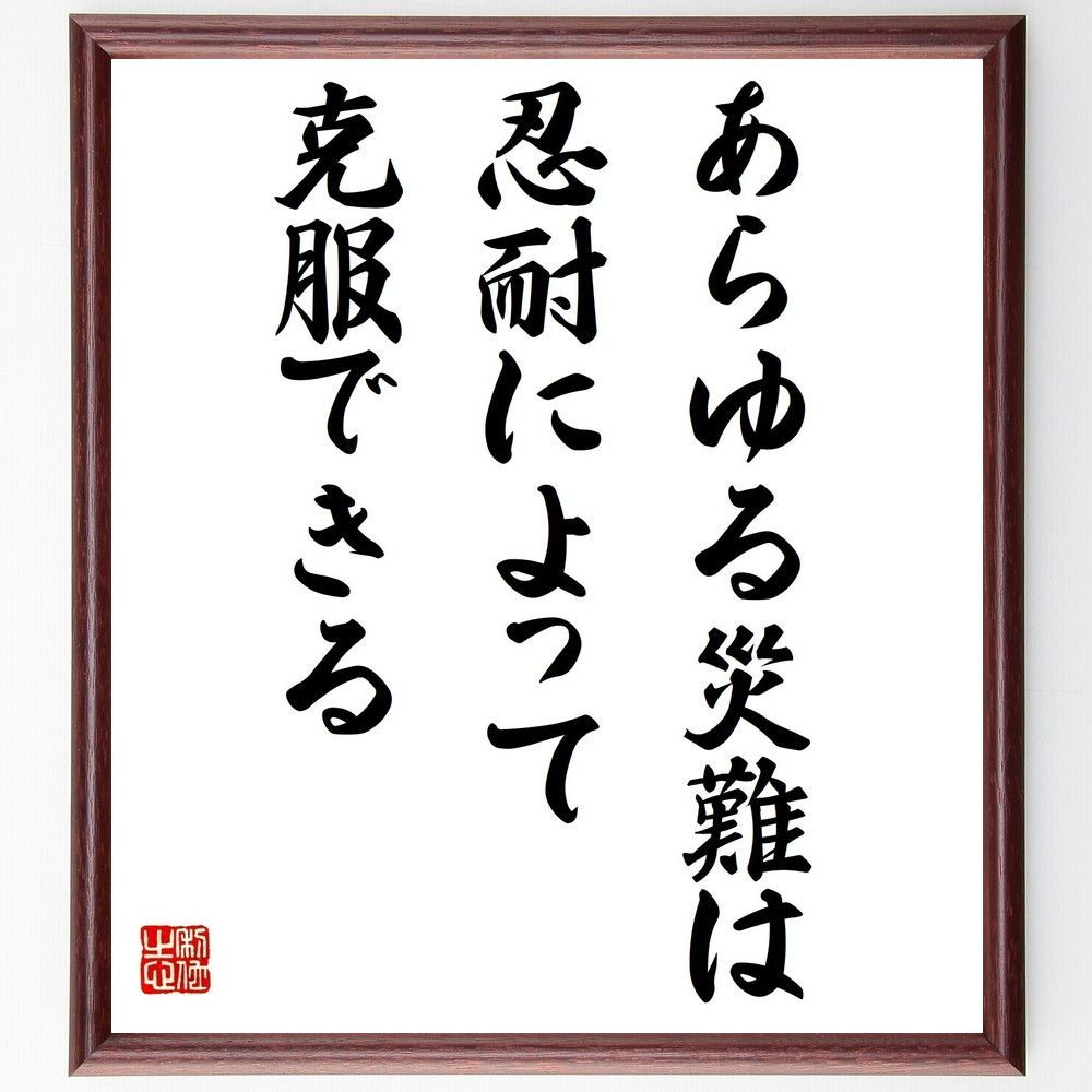 ウェルギリウスの名言「あらゆる災難は、忍耐によって克服できる」手書き書道色紙額／受注後の毛筆直筆（Y6264）