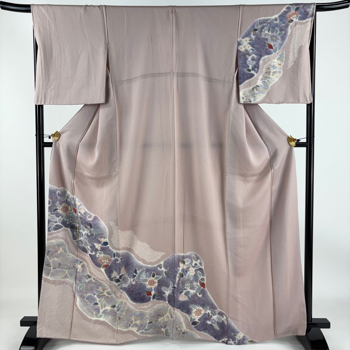 訪問着 身丈165cm 裄丈66.5cm M 袷 麻の葉 霞 灰色 正絹 名品 中古