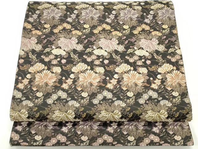 平和屋着物●アンティーク 大正ロマン 丸帯 花唐草文 黒地 金糸 正絹 ♥ DAAV9505ob