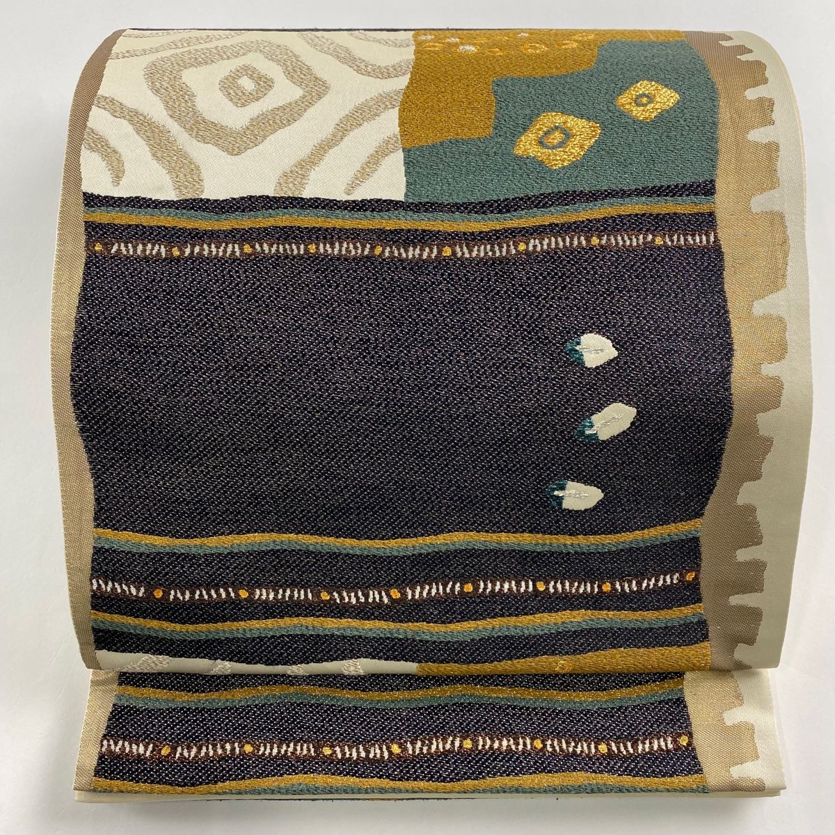袋帯 美品 名品 幾何学模様 縞 茶色 六通 正絹 【中古】（袋帯