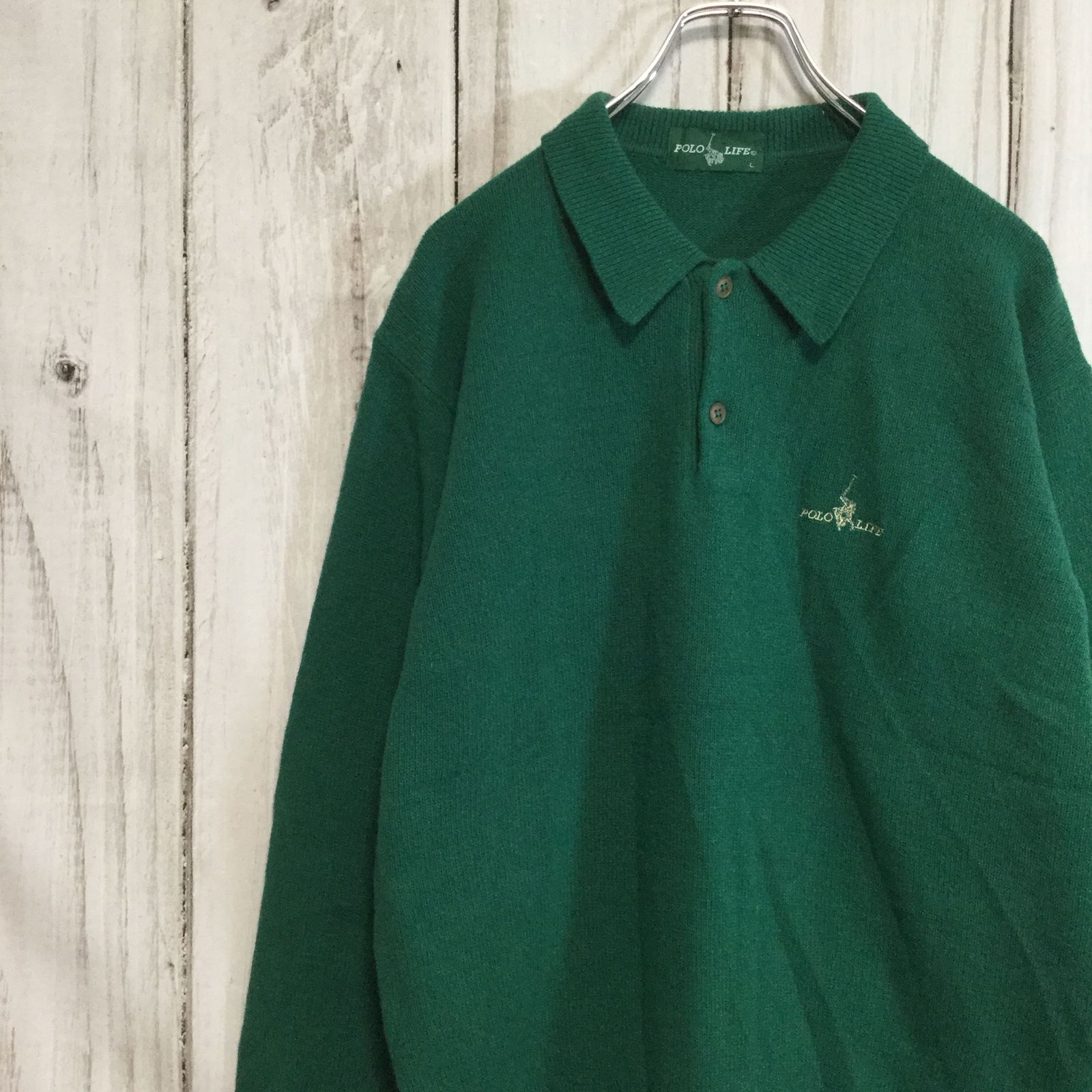 【襟付き ウールニット】レトロ ロゴ刺繍 ゆるだぼ セーター L 緑メンズ