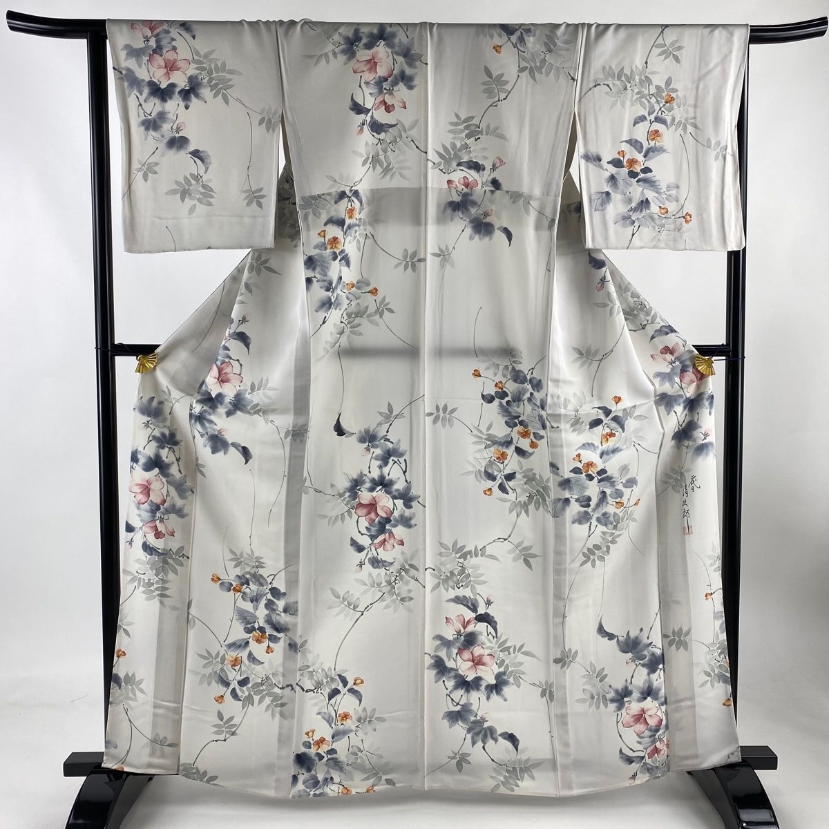 小紋 身丈162cm 裄丈65.5cm M 単衣 二代目清次郎 落款 草花 灰白 正絹 秀品