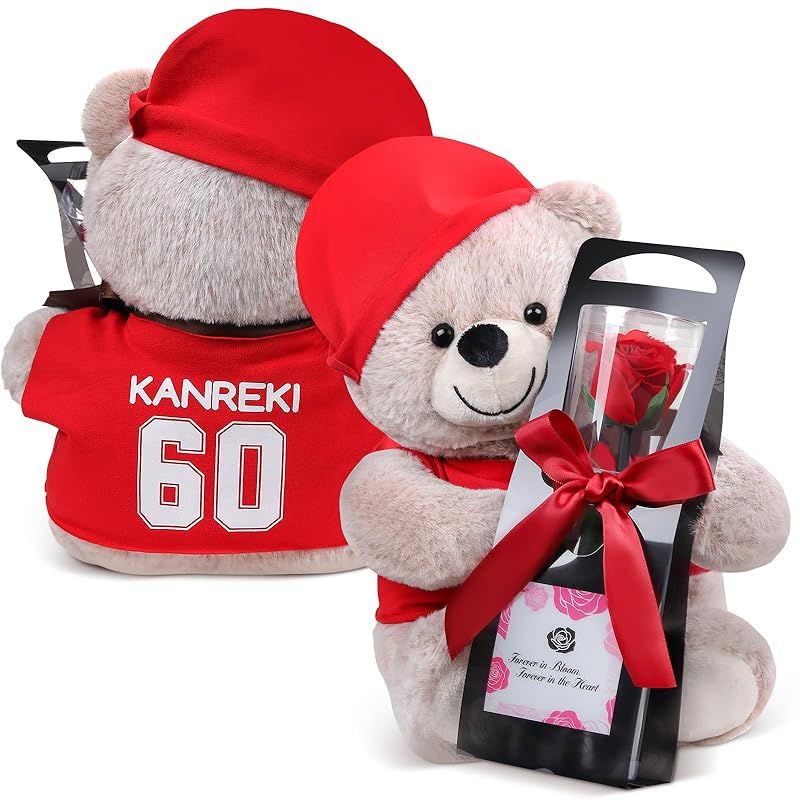 還暦祝い 女性 プレゼント ぬいぐるみとプリザーブドフラワー ギフトセット 赤 一輪のバラ 60歳 花 誕生日祝い 女性 母親 友達 同僚 おばあちゃん 祖母 長寿祝い クリアケース入り メッセージカード付き 0