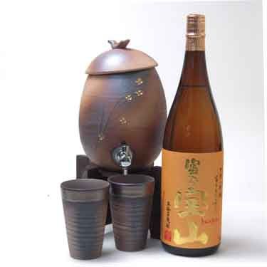 信楽焼・明山窯 焼酎サーバー 火色金小紋 2200cc(専用木台付き
