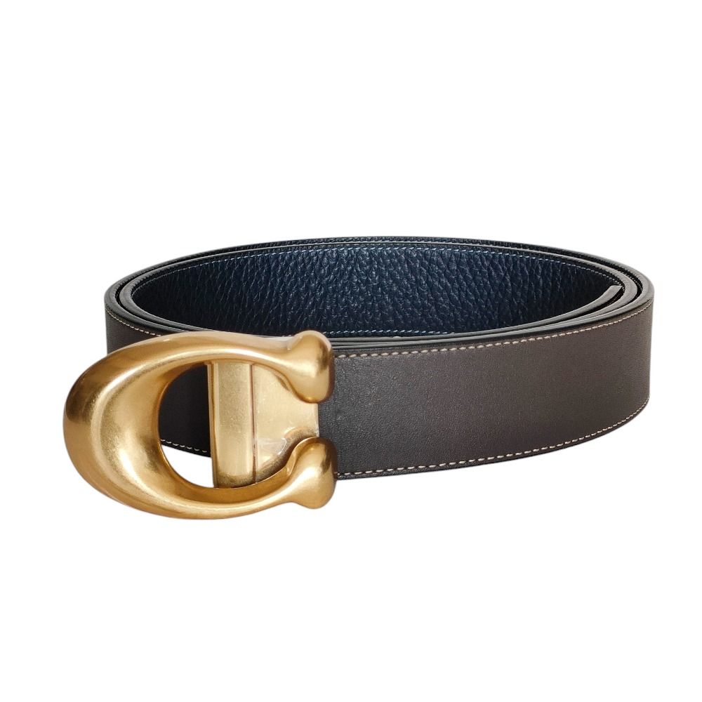 新品同様 COACH コーチ スカルプテッド シグネチャー バックル トップ式 レザーベルト ネイビー×ブラウン ゴールド金具 レディース 古着 中古 USED