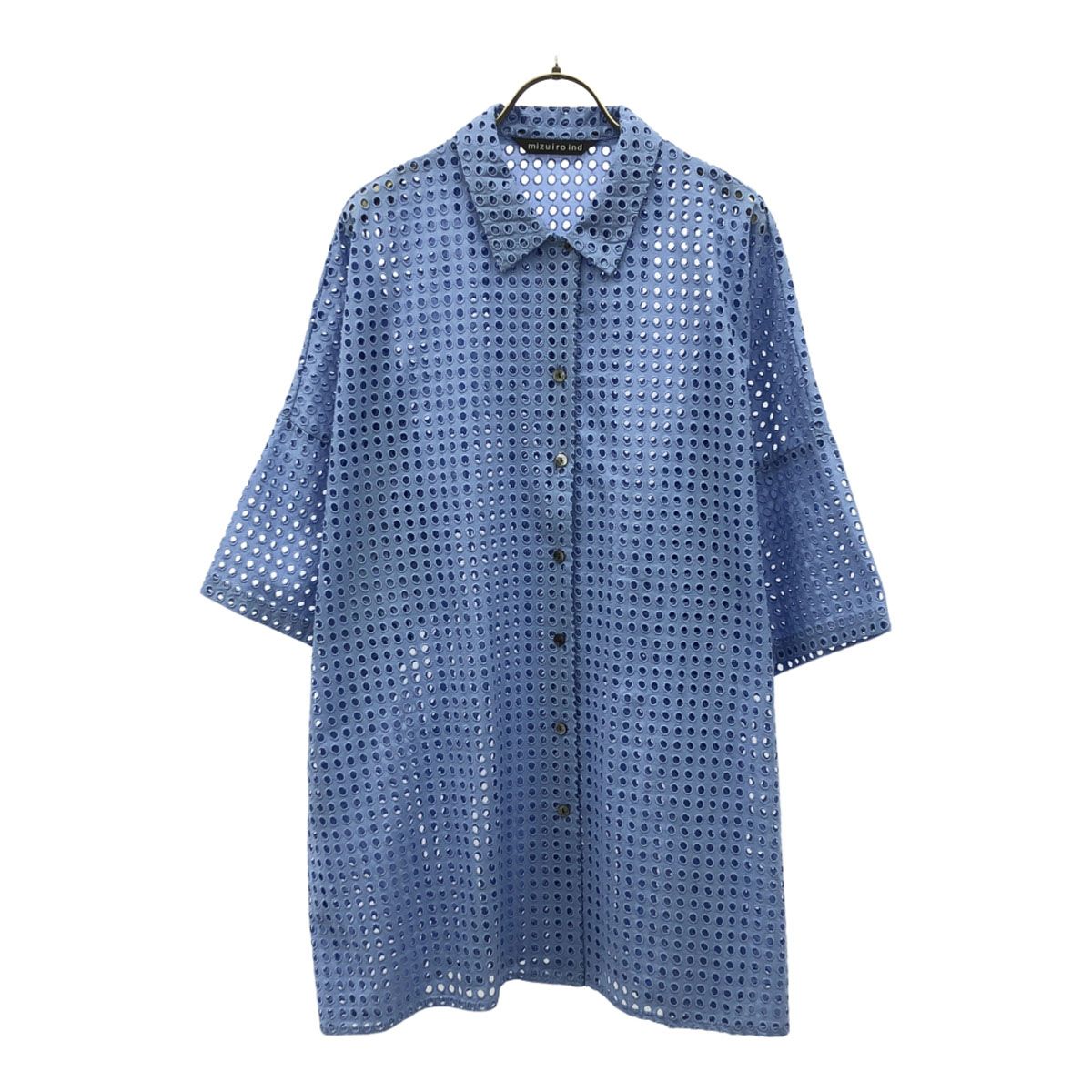 mizuiro ind ミズイロインド 日本製 半袖 レースワイド シャツ ブルー 