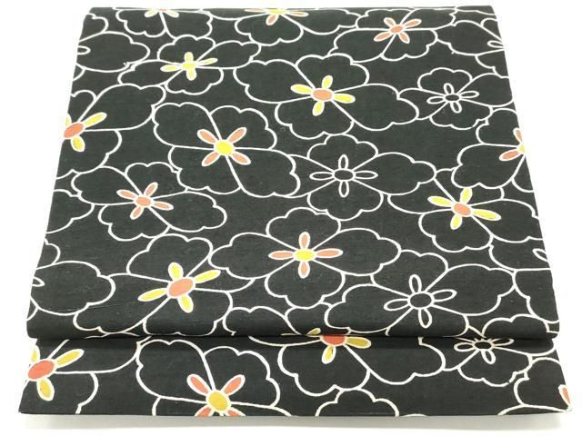 平和屋着物○全通柄京袋帯 紬地 型染め 花菱文 黒地 正絹 逸品