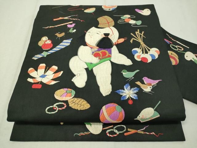 平和屋着物●アンティーク 大正ロマン 総刺繍 九寸名古屋帯 唐子遊び 黒地 金銀糸 正絹 CAAW5673vp