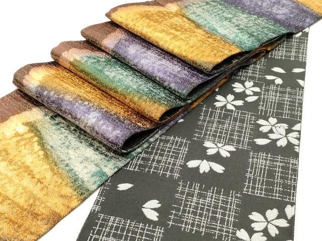 平和屋着物●両面 半幅帯 霞間道 金通し地 正絹 ♥ DAAY0198ob