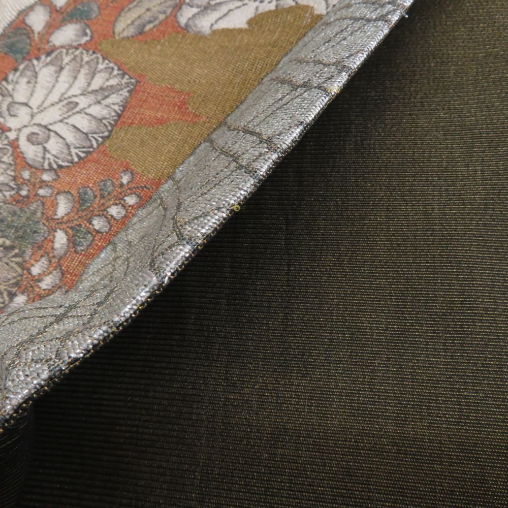 袋帯 大脇一心監修 辻が花文様 モール織 金糸銀糸 オレンジ色x灰色x