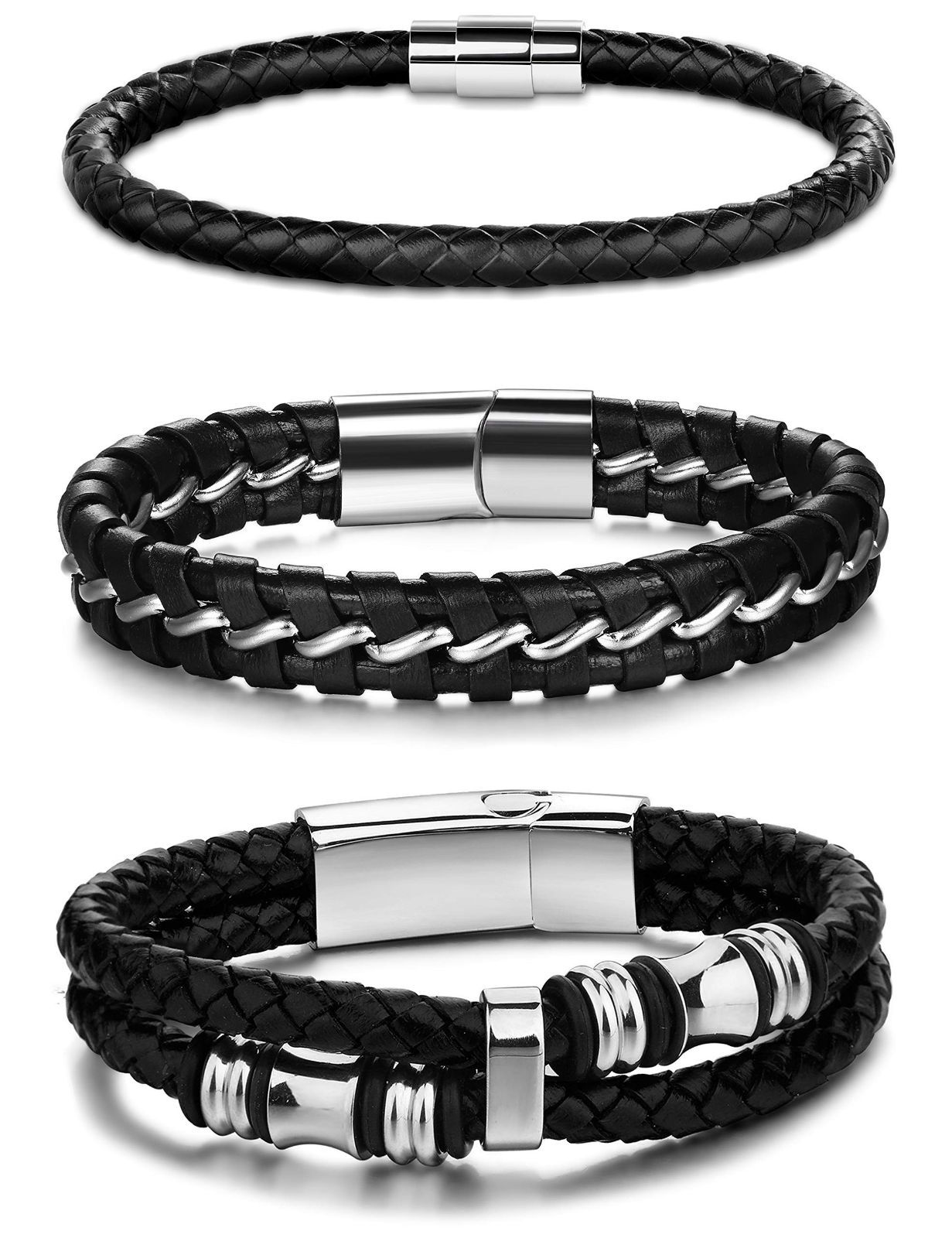 【人気商品】編み込み 多連 メンズブレスレット ステンレス 革 スチールマグネットクラスプ レザー メンズ ブレスレット メンズ レディース ブレスレット 人気 レザー JeryWe 腕輪 ジュエリー