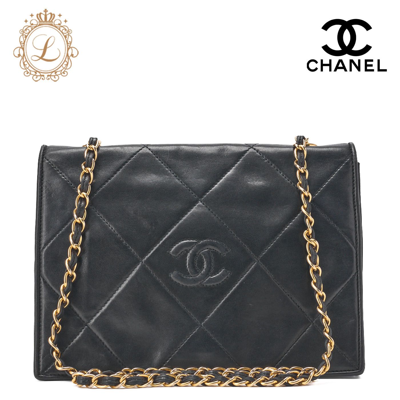 CHANEL シャネル チェーンショルダー バッグ ラムスキン 黒 ココマーク フ ルフラップ プッシュロック ゴールド金具 レディース 送料無料