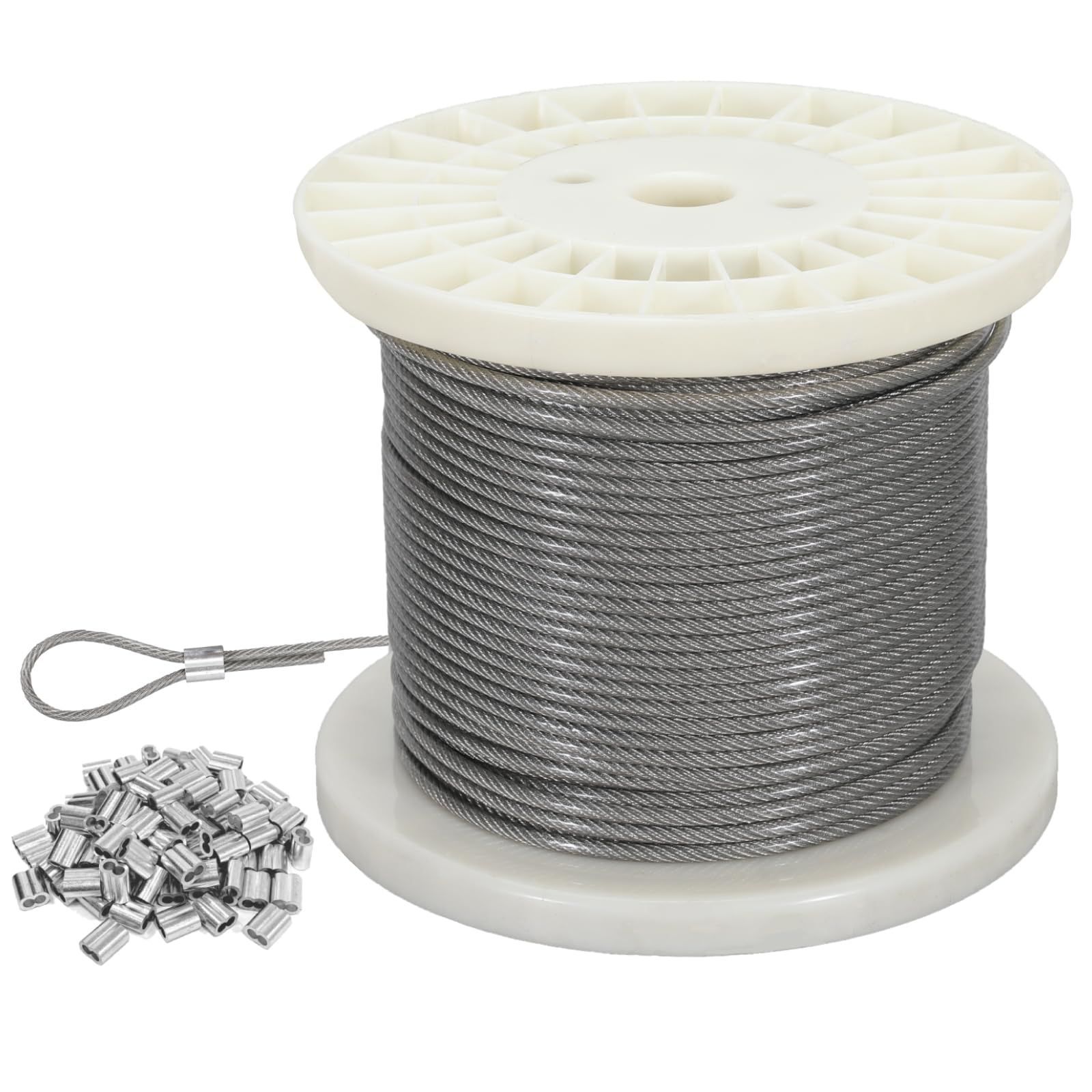 新着商品 ワイヤー ステンレスワイヤー 径4mm 100m巻 構成7×7 ステンレスロープ ビニール被覆 アルミスリーブ付き 多用途 防錆性 地震対策 牽引 ガーデニング 釣り 物干し DIYに適しています