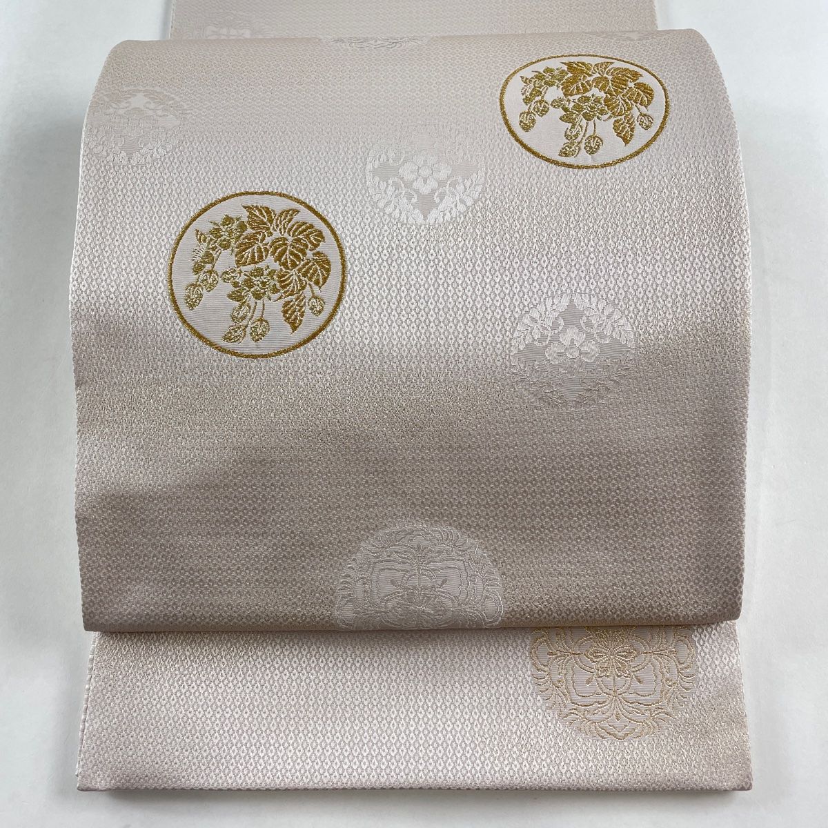 袋帯 秀品 丸文 桜 金糸 薄小豆 お太鼓柄 正絹