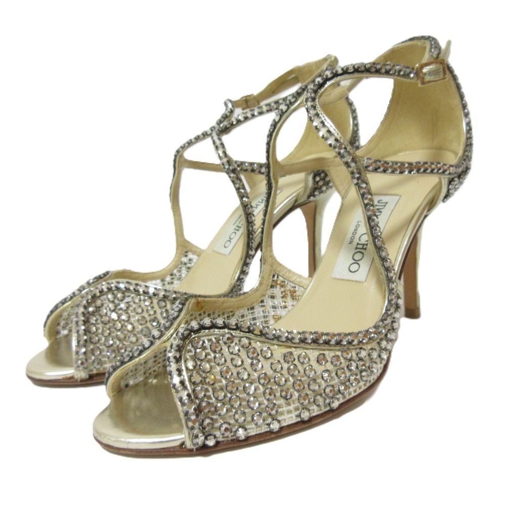 JIMMY CHOO ジミーチュウ ラインストーン オープントゥ アンクルストラップ サンダル 36 1|2 約23.5cm ゴールド レディース 古着
