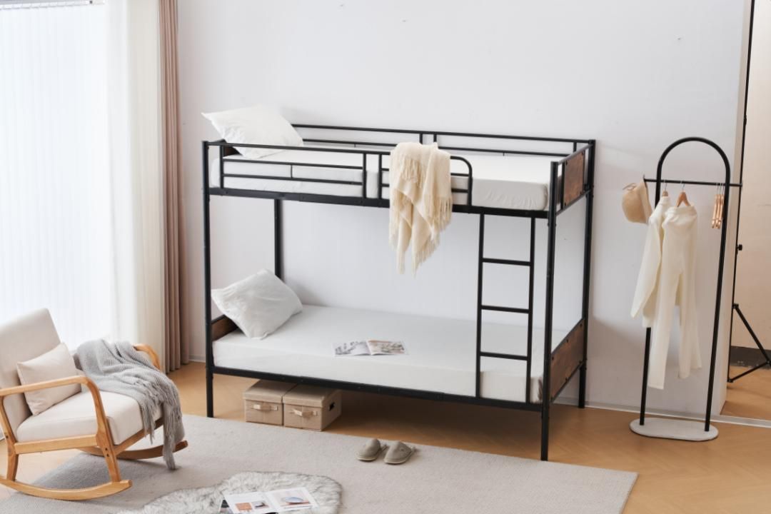 ブラック二段ベッド シングルベッド パイプベッド シングル 木収納北欧風子供部屋 yew2