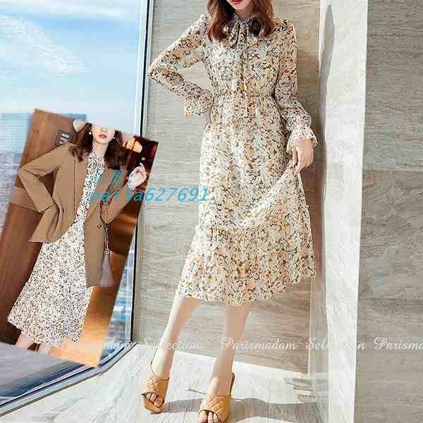 大人ワンピース プリントワンピース りぼんタイ 切り替えスカート ティアードスカート 長袖 通勤通学20代30代40代50代60代 ベルスリーブ pai5a627691