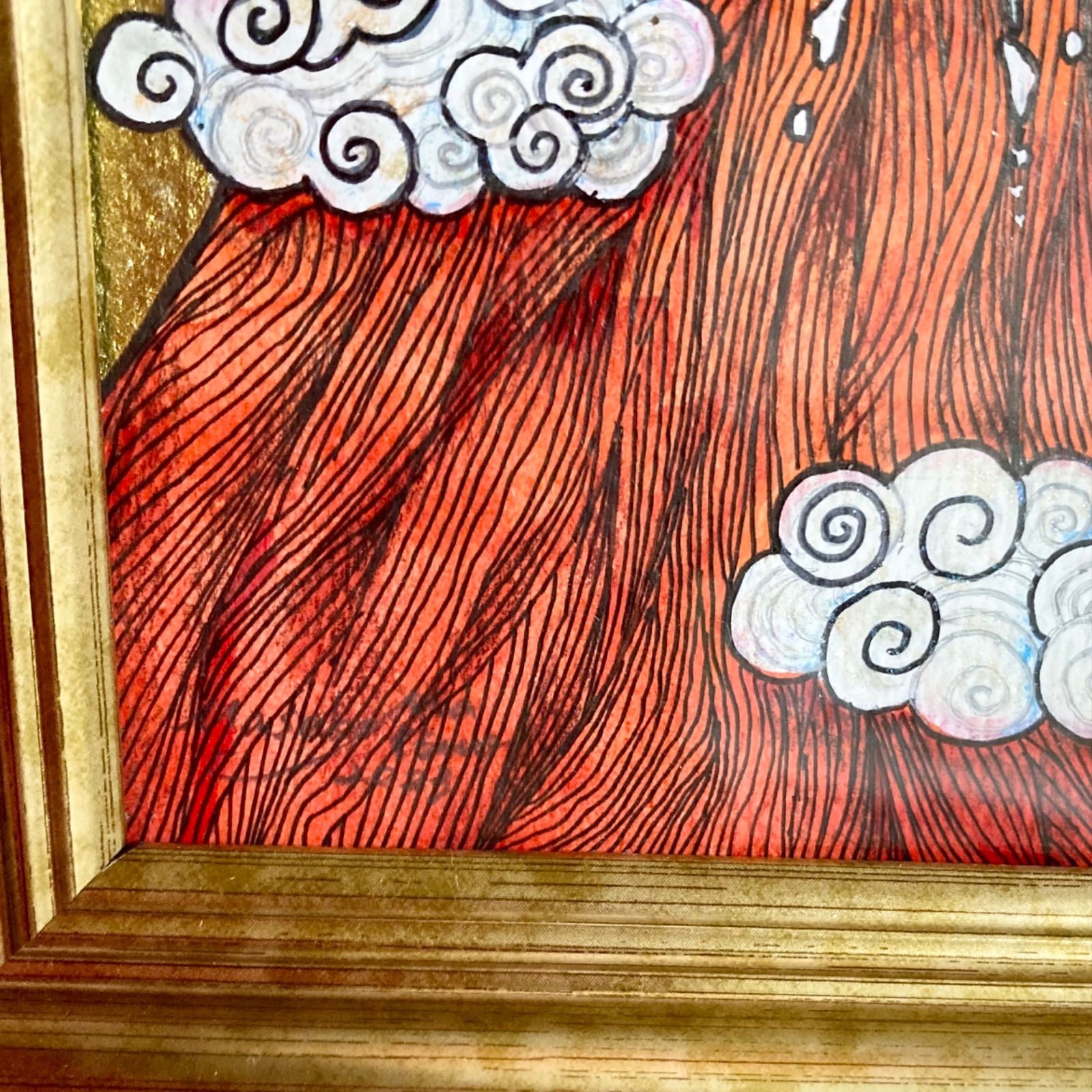 金箔　赤富士　開運　アート　【額縁つき】 キラキラ輝く開運画】超幸運金箔赤富士A（原画、ハガキ大