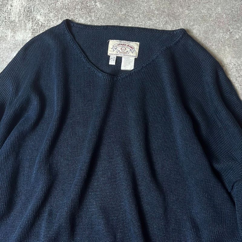 90s ARMANI JEANS 100% リネン Vネック 長袖 ニット セーター L / 90 