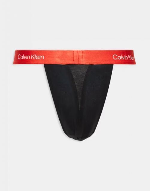 カルバンクライン メンズ ブリーフパンツ アンダーウェア Calvin Klein Icon Cotton Stretch 3 pack thongs in black with red blue waistbands B- VINT IND M