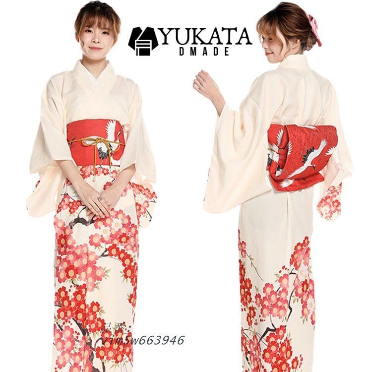 浴衣 レディース ベージュ 桜 花柄 8点セット 婦人 YUKATA レディース浴衣 ゆかた ポリエステル浴衣 花火大会 セパレート浴衣 簡単着付 浴衣セット フリーサイズ vim5w663946