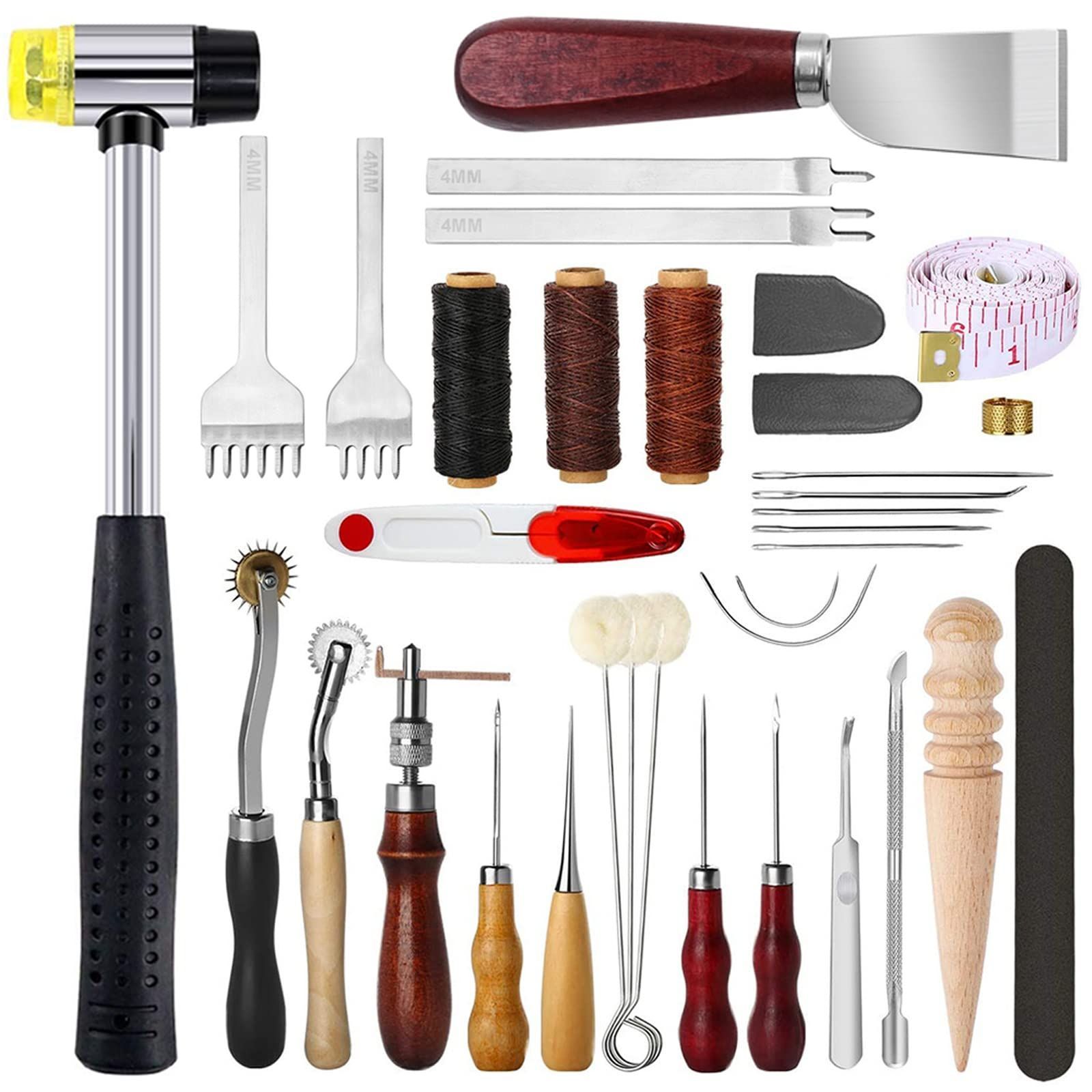 レザークラフト工具⑤ 新品 穴あけ 菱目打ち 打ち具セット 千枚通し ハンマー 蝋引き