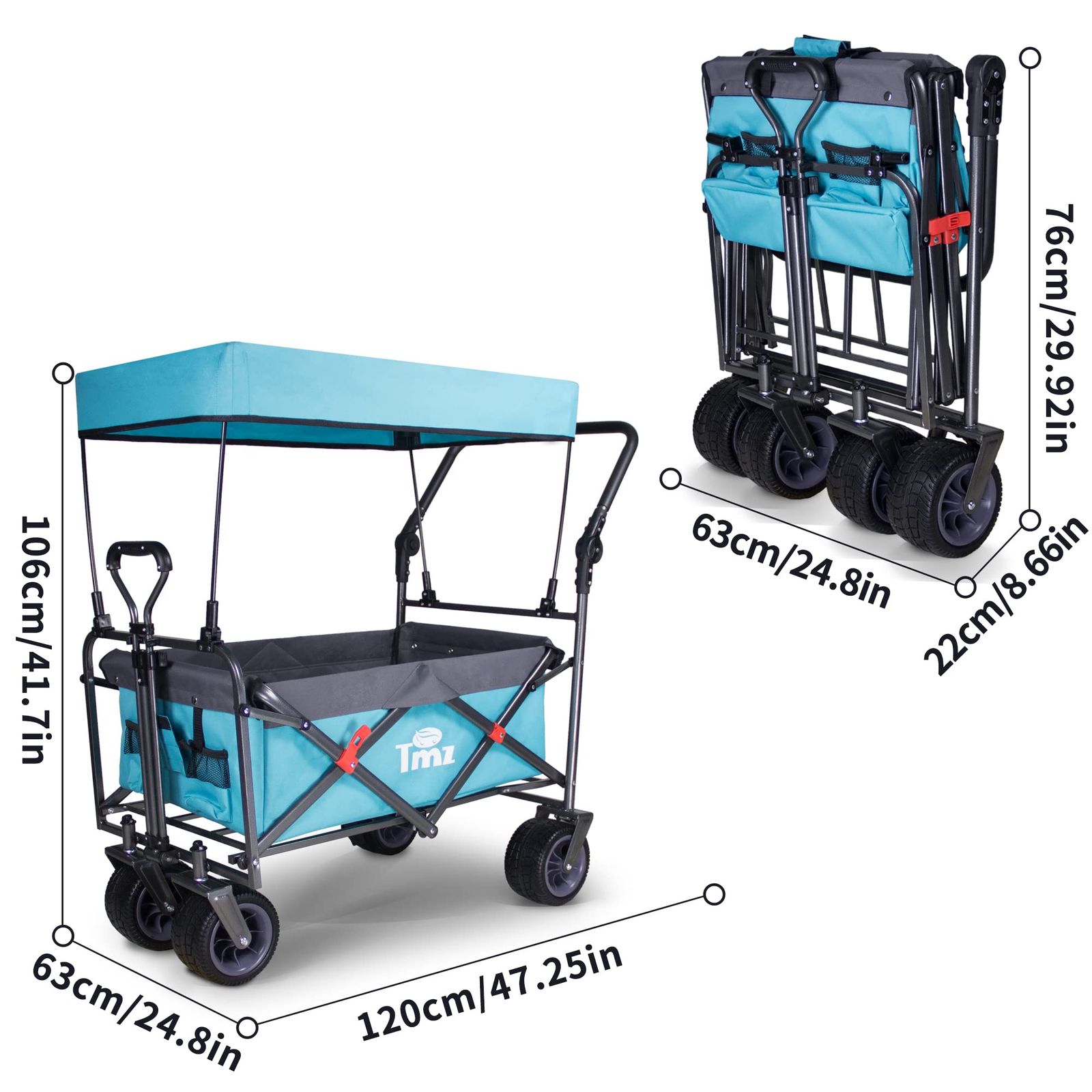 TMZ アウトドア用キャリーカート 折りたたみ式 アウトドアワゴン 屋根付き 大容量 耐荷重120kg 組み立て不要 ワイルド マルチキャリー スカイブルー グレー