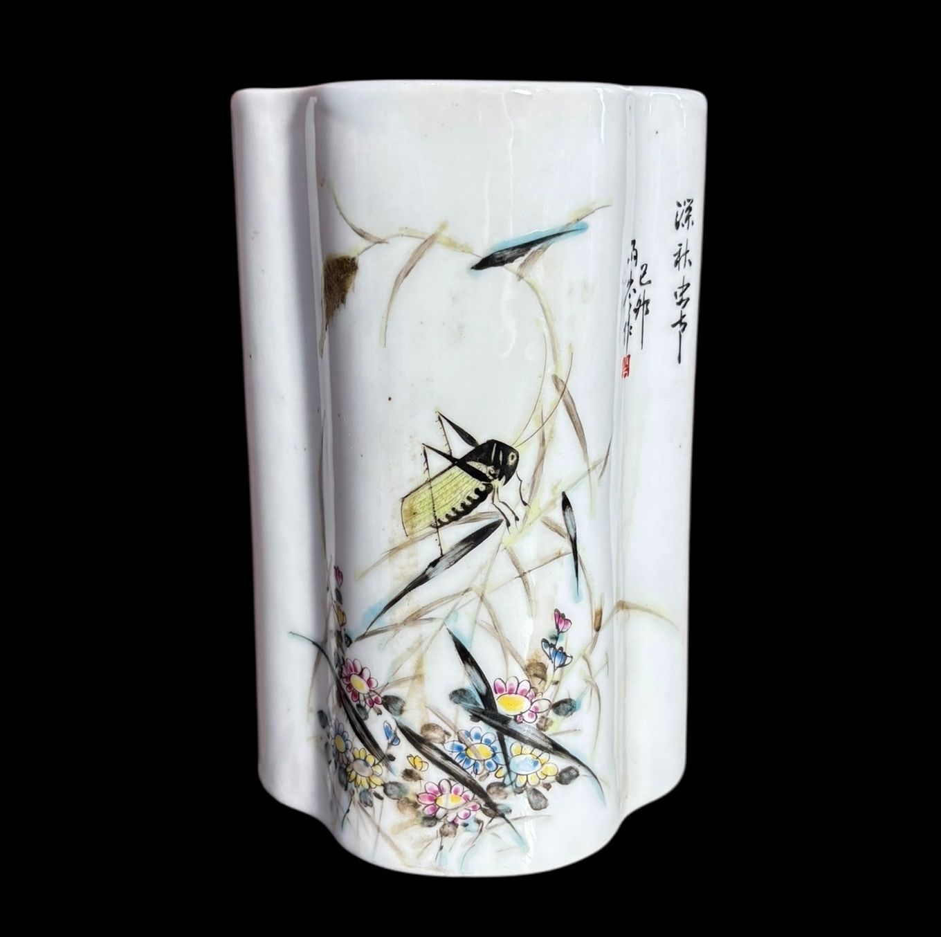 中国現地買入 壁掛け花器 [草花コオロギ図] 中国雑貨 花瓶