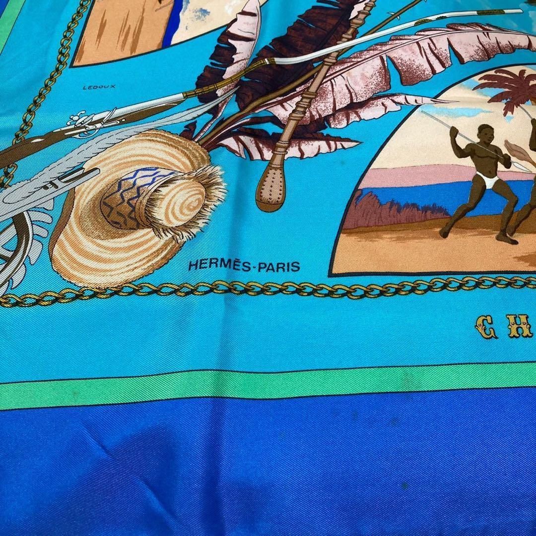 エルメス カレ 90 大判 スカーフ エキゾチック狩猟 CHASSES EXOTIQUES ブルー 青 水色 シルク HERMES