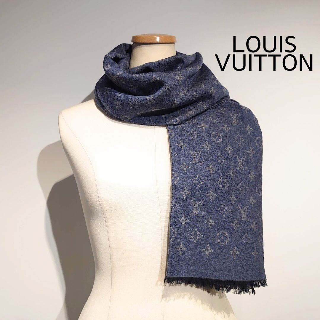 LOUIS VUITTON ルイヴィトン LV ストール マフラー エトール モノグラム エクリプス インディゴグレー ブルー グレー 青 コットン  M73724 美品 レア - メルカリ