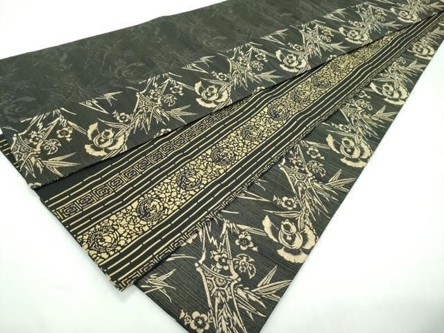 平和屋本店□極上 手染屋 吉兵衛 両面 全通柄袋帯 紬地 ふくら雀 笹竹  