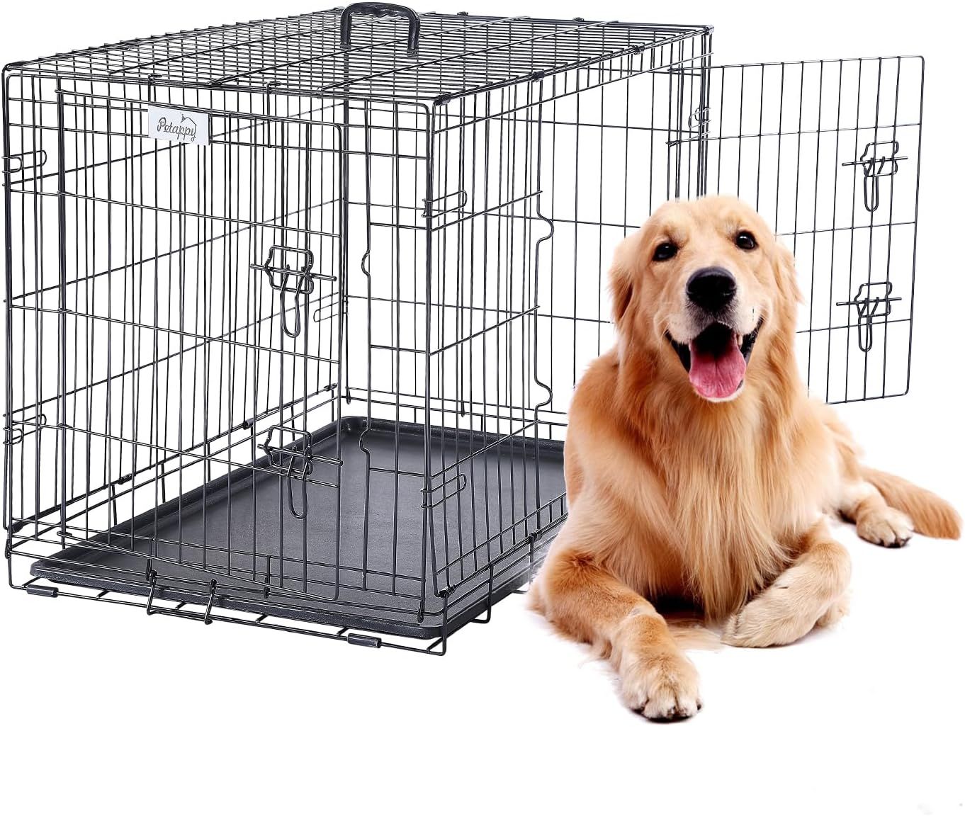 PETAPPY ペットケージ 犬 ケージ 幅91.5x奥行58.5x高さ65cm 中型犬 折り畳み ケージ ダブルドア トレー付き 組立簡単 持ち手付き 室内外兼用