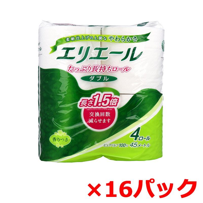 トイレットペーパー 大王製紙 エリエール たっぷり長持ちロール コンパクト ミシン目入り パルプ100% ダブル45m 香り付き 4ロール入り X16パック
