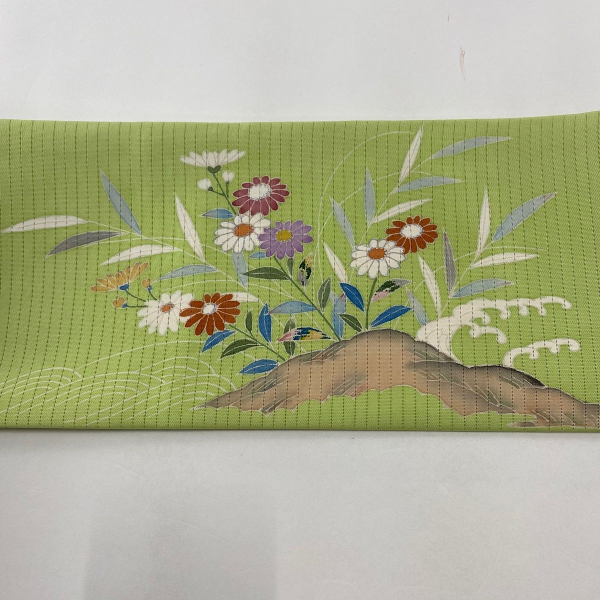 夏帯絽G薄緑ピンク花正絹名古屋(新品）