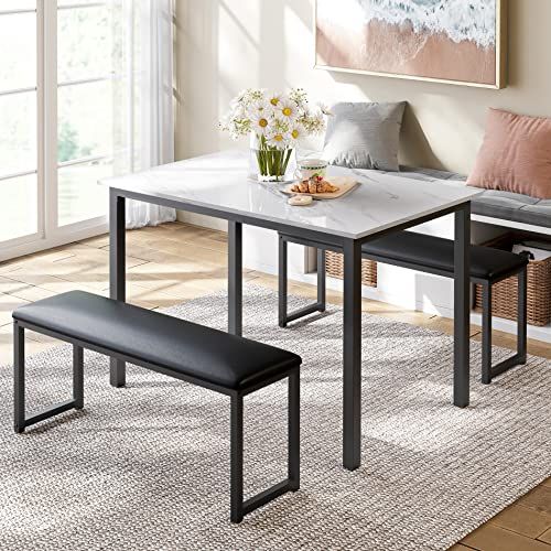 ホワイト系大理石柄 スチールテーブル×1ベンチ×2 4人掛けテーブル 幅110cm おしゃれ 省スペース クッション付き収納式ベンチ 大理石柄 4人用 ダイニングテーブルセット HOMOOI