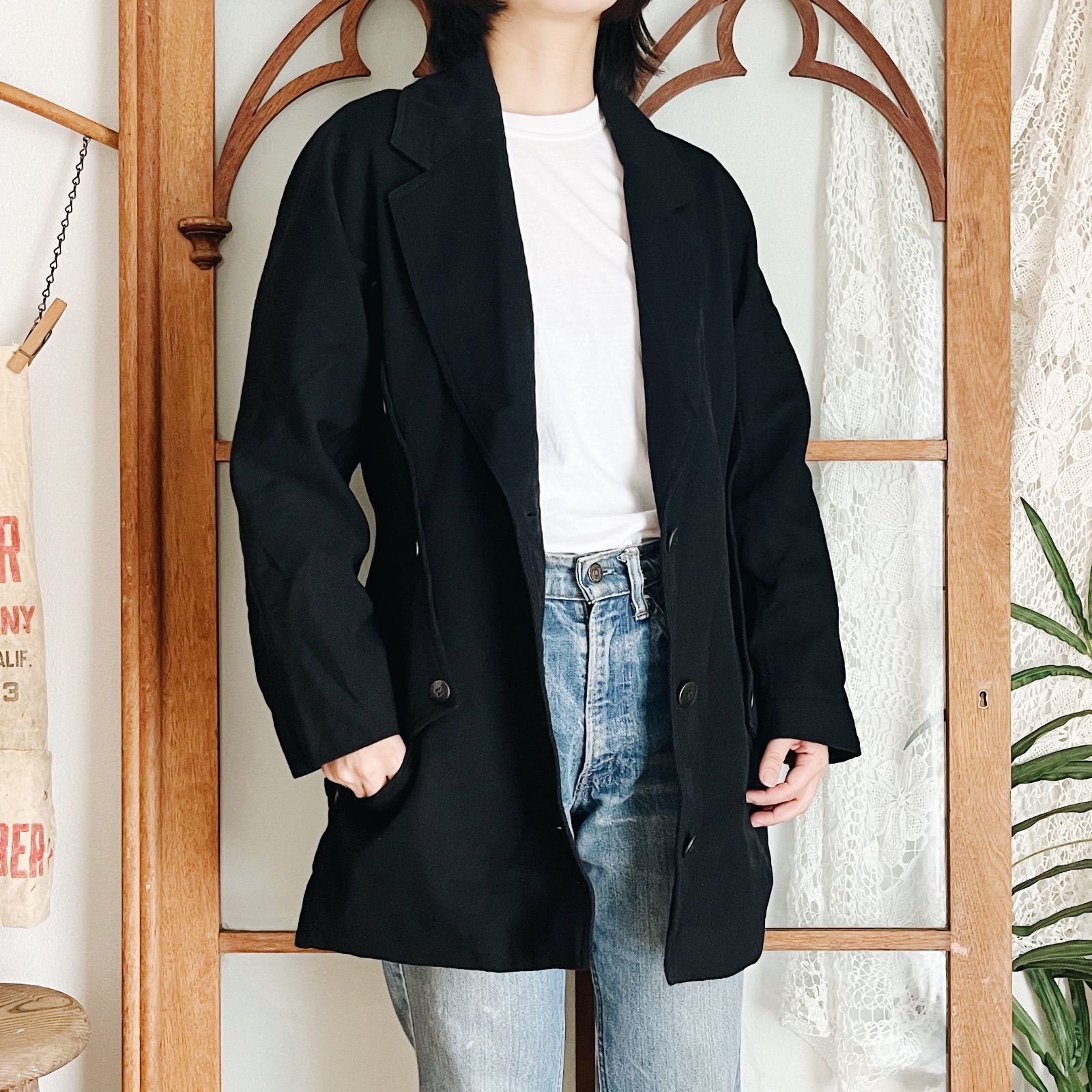 フランス古着 90's 黒 デザイン テーラードジャケット（m251） - メルカリ