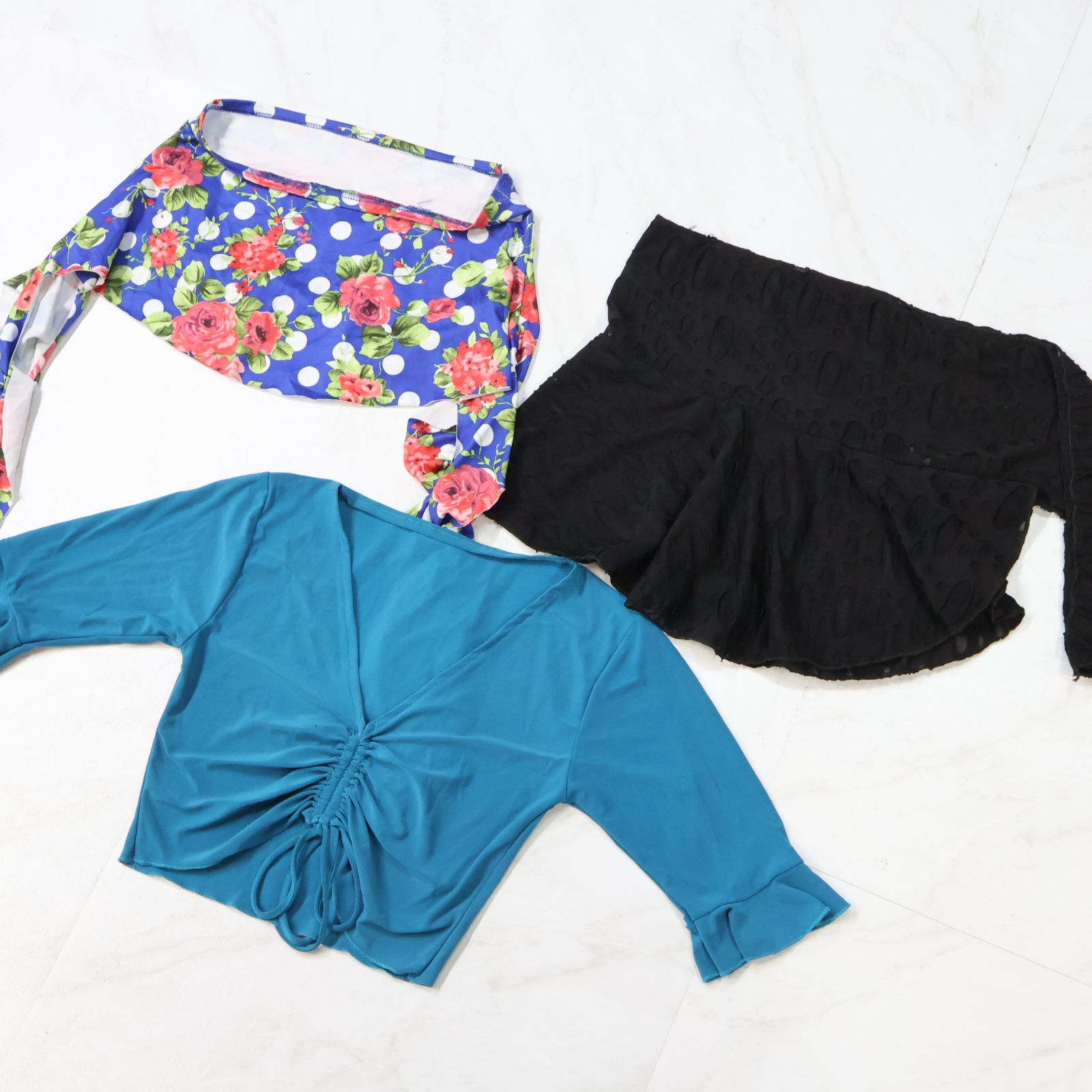 【ベリーダンス まとめ売り】トップス ヒップスカーフ 全3点セット ICHIOKU イチオク 青 水色 黒 花柄 リボン ストレッチ素材