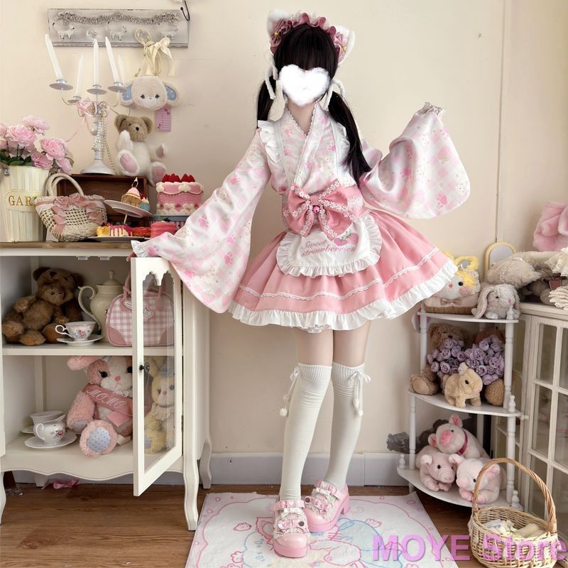 全 夏季 猫モチーフ 和風メイド改良版 ロリータ洋装 上衣＋スカート＋エプロン＋ウエストベルト 蝶結び付き 撮影用 コスプレ ロリータファッション イベント衣装 萌え系 331