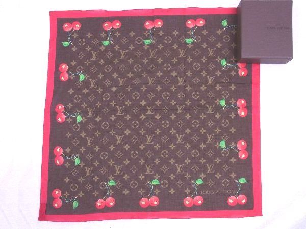 ■新品■未使用■ LOUIS VUITTON ルイヴィトン モノグラムチェリー 村上隆 コットン100% ハンカチーフ ハンカチ ブラウン系 AE5700アZ