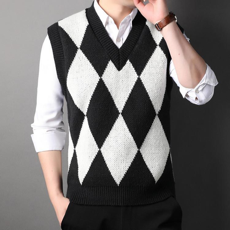 メンズ ベスト ジャガード ニットベスト アーガイル柄 菱柄 V