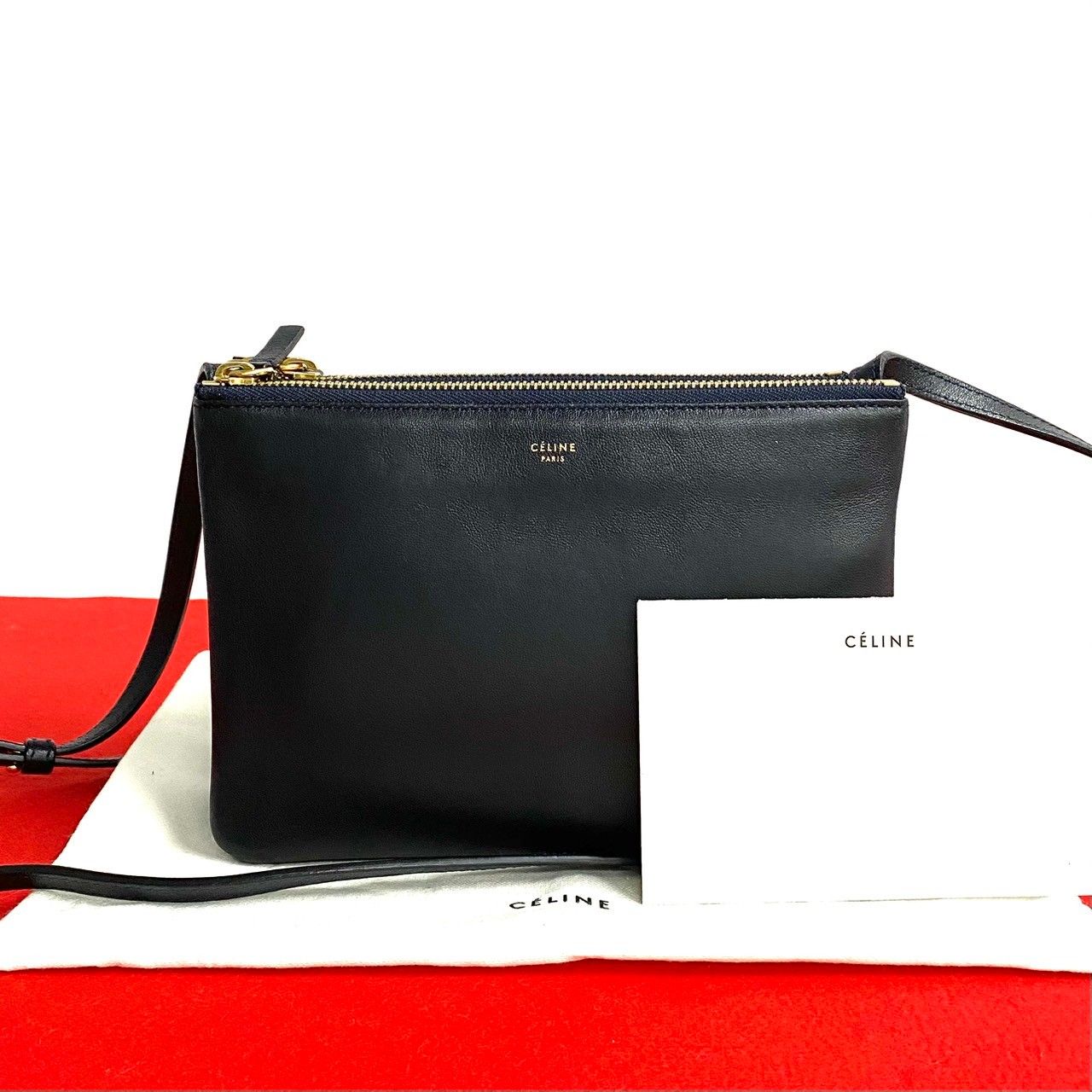 極 美品 希少品 保存袋付き CELINE セリーヌ トリオ レザー 本革 ミニ 
