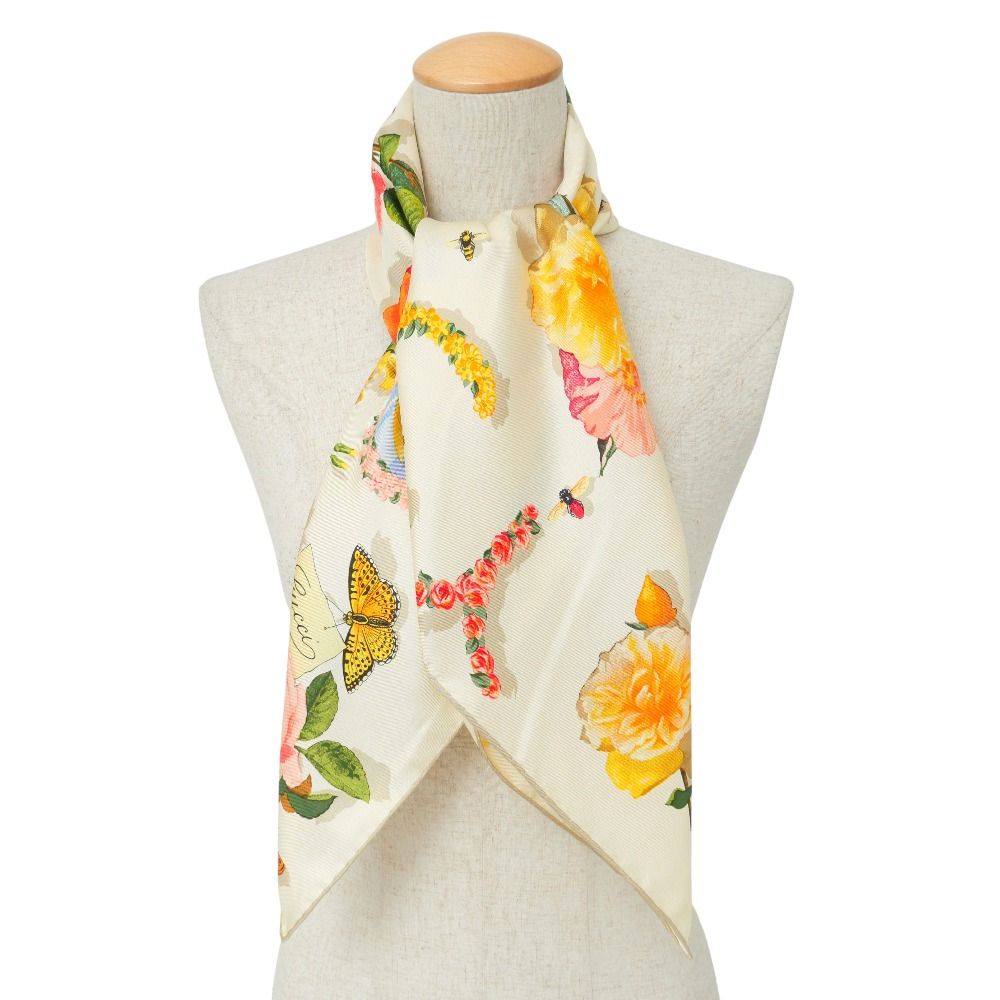 □美品□GUCCI グッチ スカーフ 総シルク 花 昆虫 総柄 バンダナ