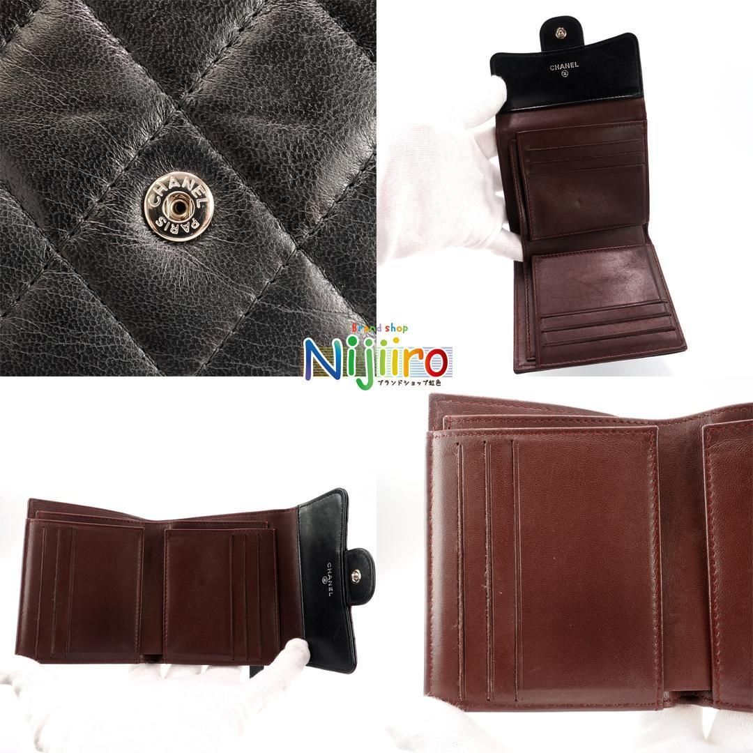 極美品】CHANEL マトラッセ ラムスキン ブラック 三つ折り財布 1639