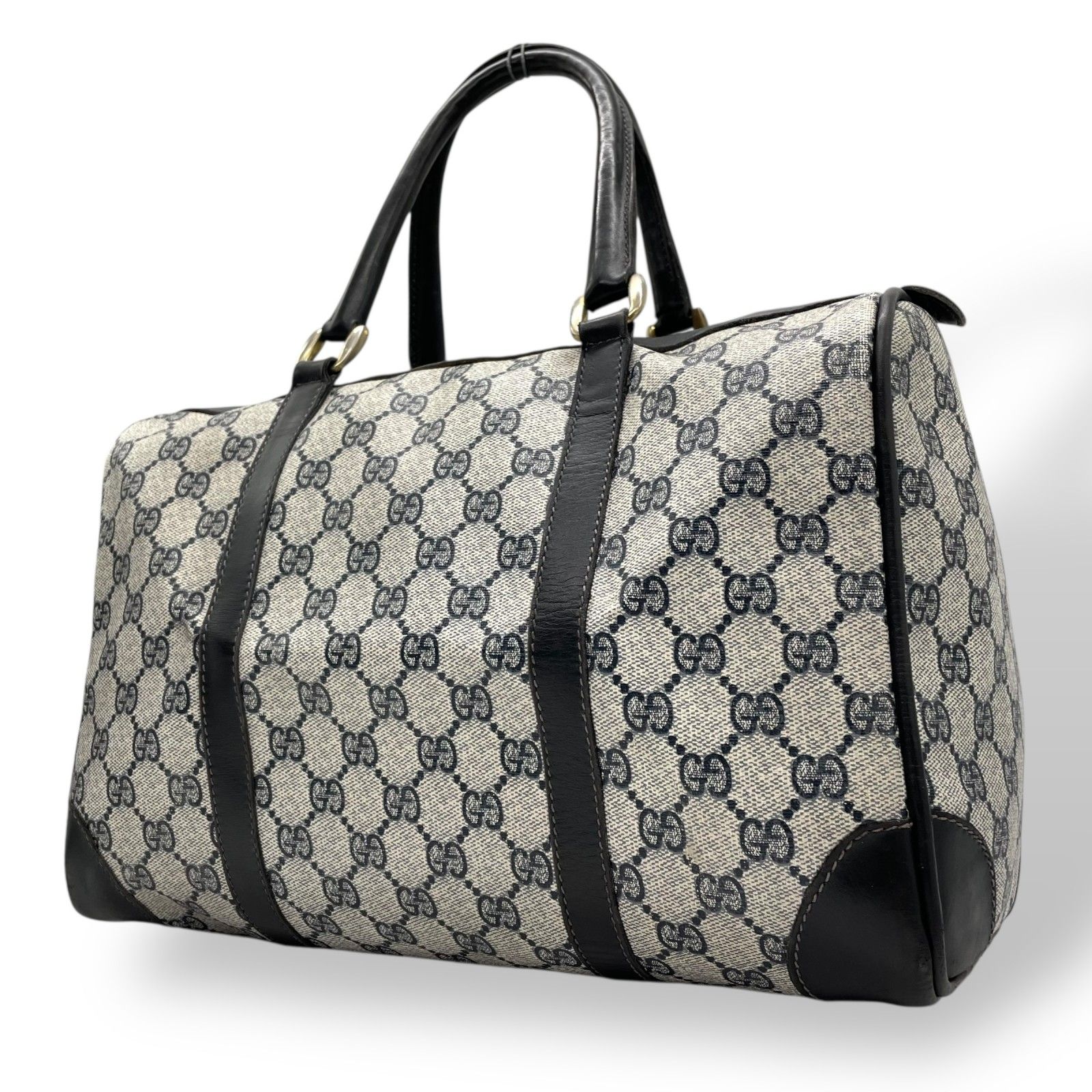 美品 GUCCI グッチ GGスプリーム ボストンバッグ グレー 紺 ネイビー 