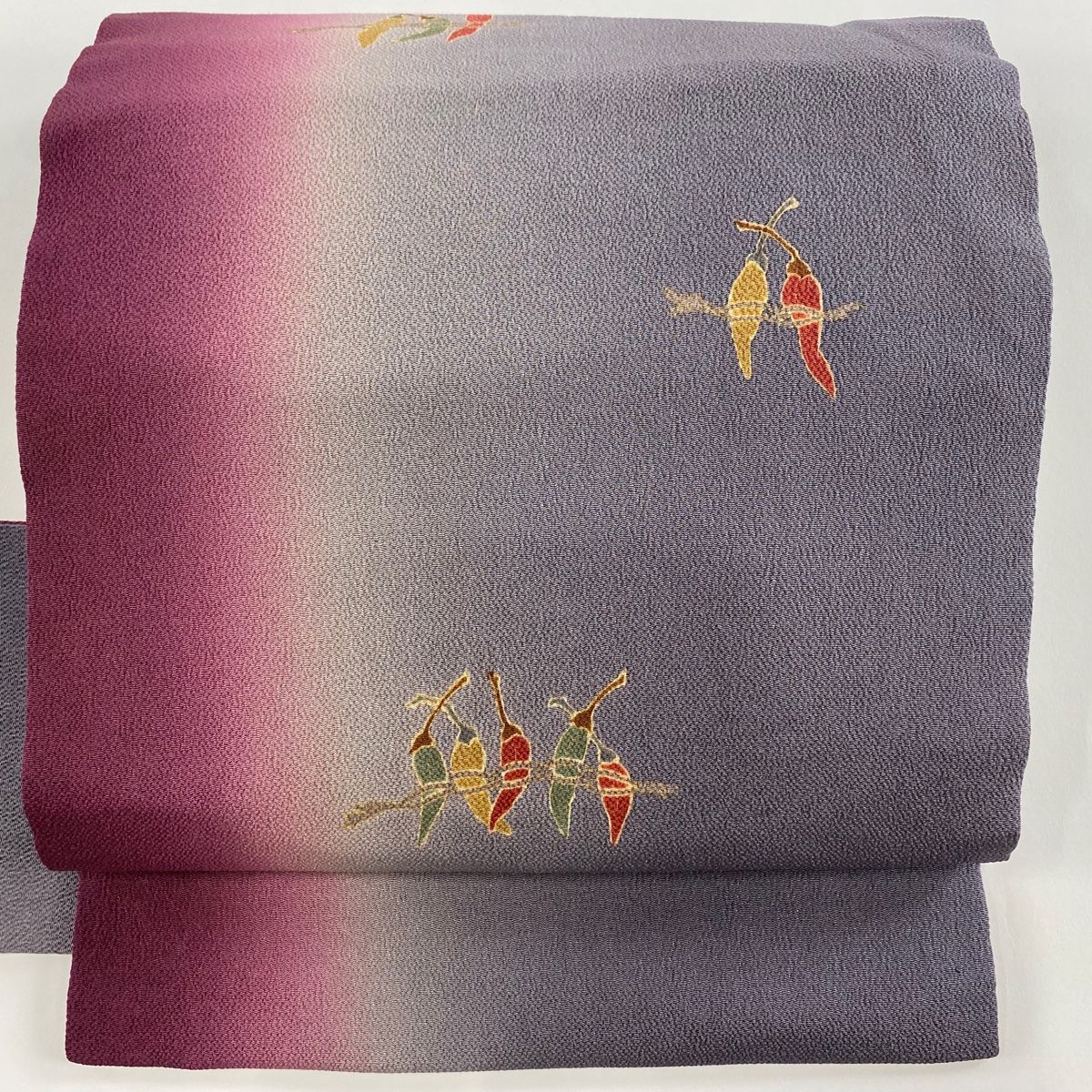 名古屋帯 秀品 唐辛子 金彩 縮緬 灰色 正絹