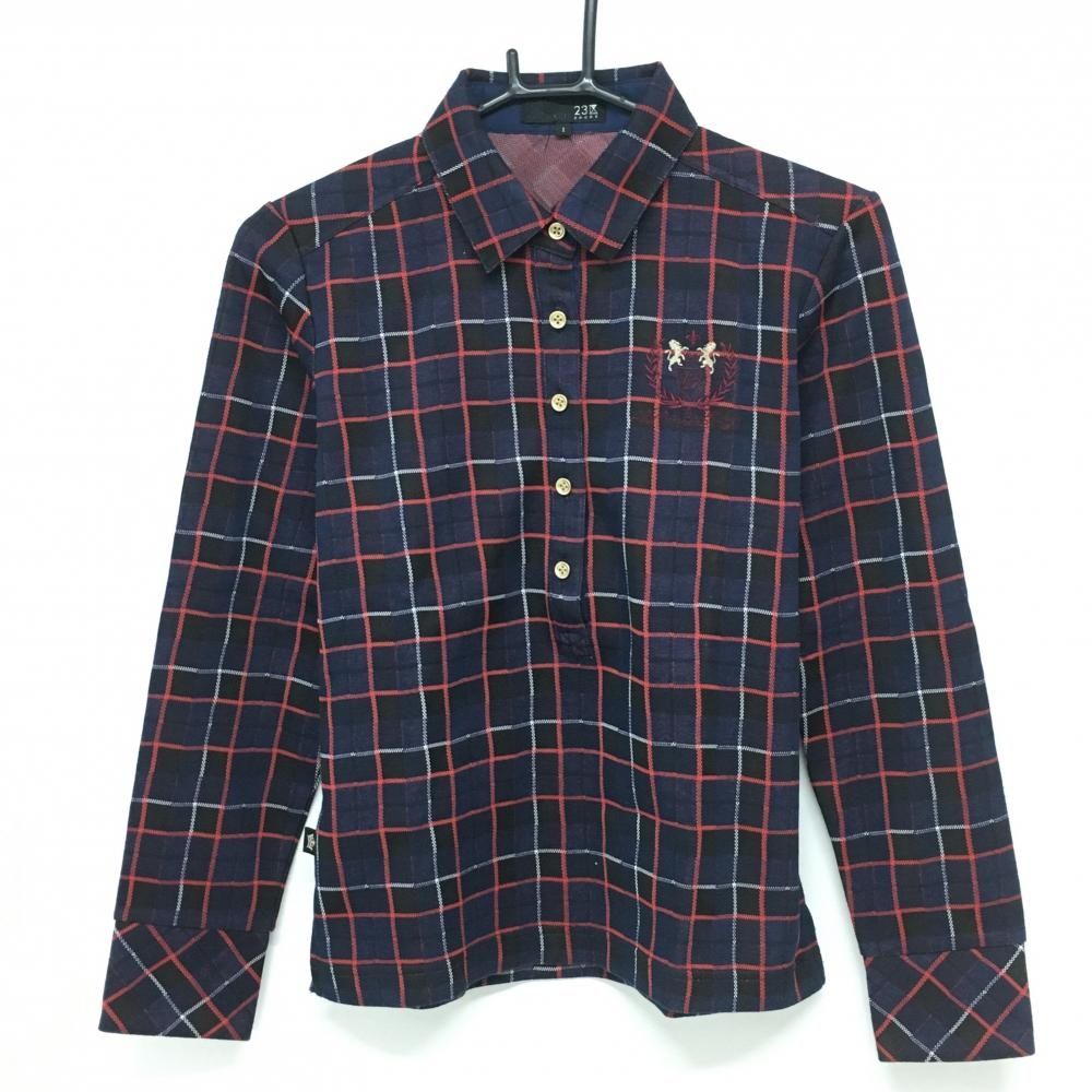 【美品】23区スポーツ 長袖ポロシャツ ネイビー×レッド 格子チェック柄 ロゴ刺しゅう レディース 1(M) ゴルフウェア 23区