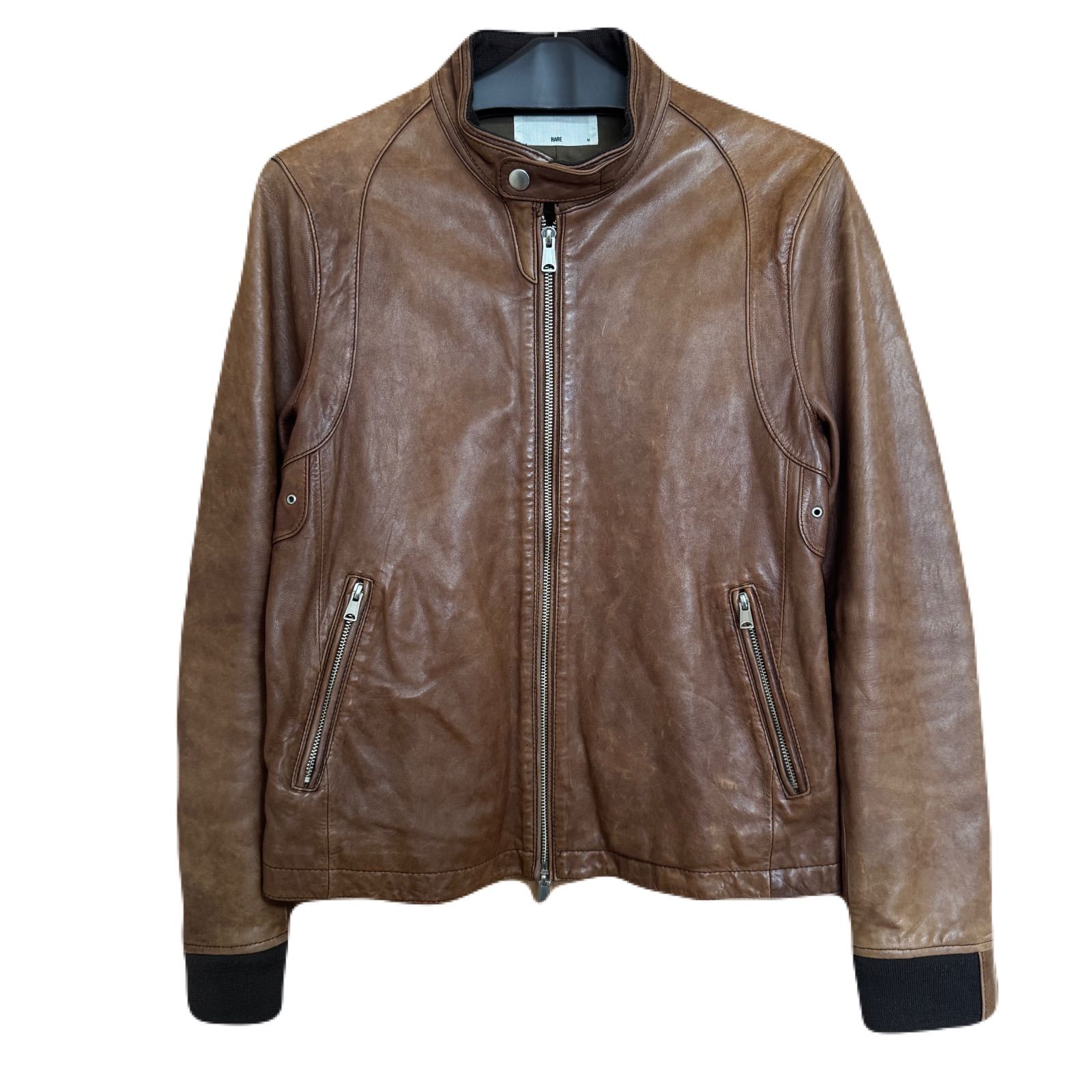 【美品】ハレ　HARE レザージャケット　羊革　ラムレザー　ブラウン 本革 ラムレザー】 HARE ハレ 羊革 ライダースジャケット レザー