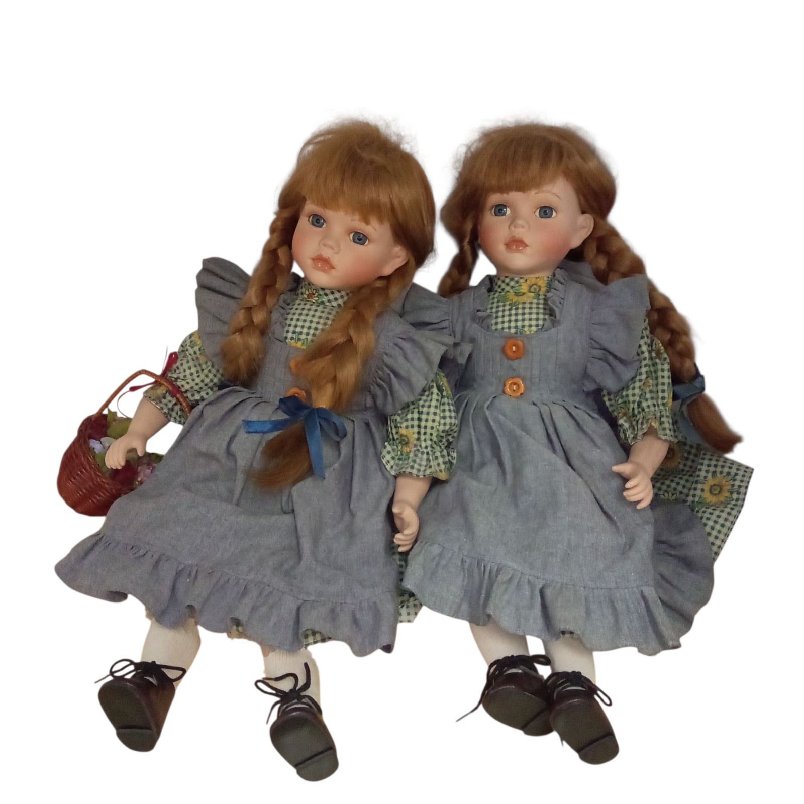 X10311 ビスクドール アンティークドール ペアの人形 陶器の人形 花かご付き